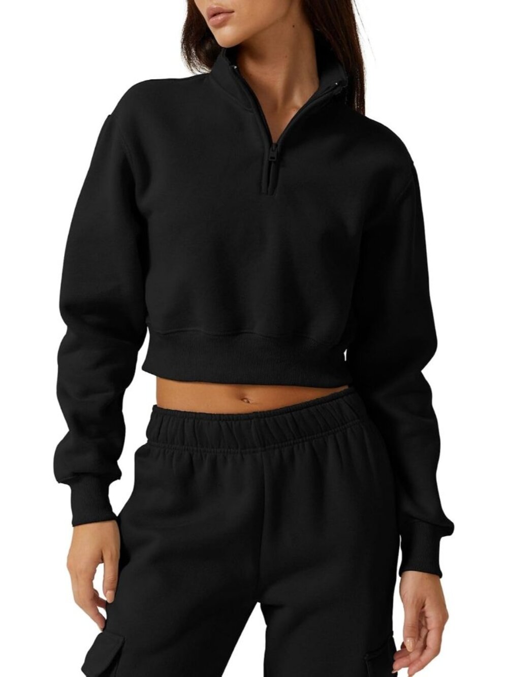 Women’s Black High Neck Long Sleeve Cropped Half Zip Top Sweatshirt